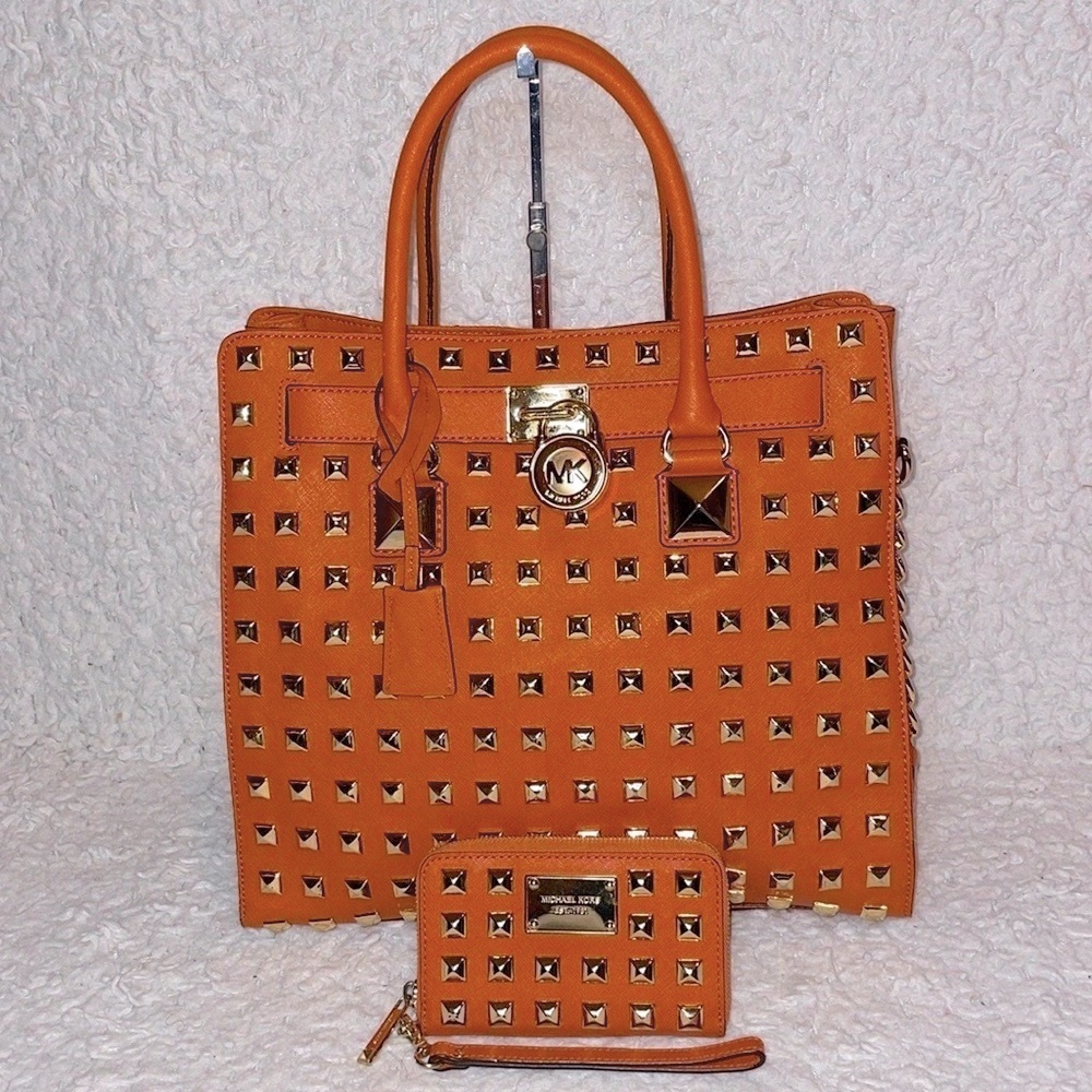 Michael Kors Hamilton Large Limited Edition Studded Tote Bag and Wristlet Orange